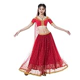 MISI CHAO Belly Dance Bollywood Costumes - Halloween Chiffon Dance Princess Outfit Dress with Head Veil for Women(Red,S)