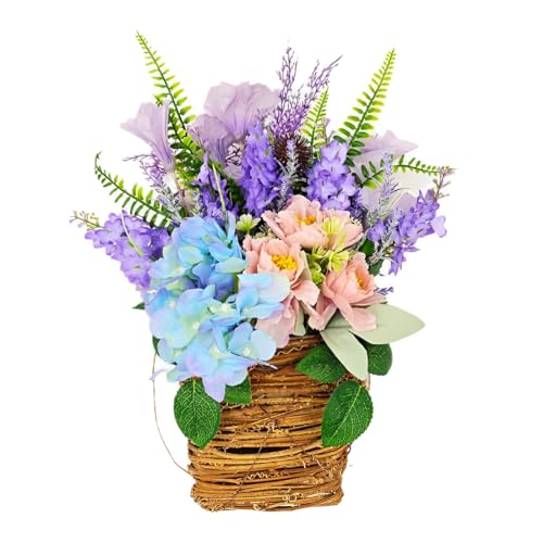 Wildflower Door Hanger Basket Wreath，Pink Berry Spring Wreaths for Front Door Home Decor Spring Hanging Ornament， Boho Door Wreaths for Front Door Outside (Purple)