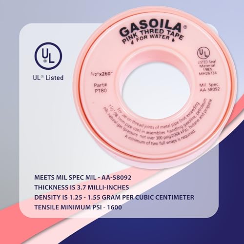 Image of Gasoila Pink PTFE Thread Seal Tape - Professional-Grade High-Density Thread Tape for Water Lines - Leak-Proof Seal, Non-Toxic (1 /2 Inch x 260 Inch Roll)