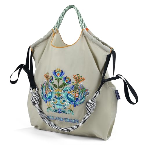 Image of Ball&Chain Shoulder Tote Bag for Women, Nylon Top-Handle, Foldable Weekend Handbag with Pockets (Light Grey, Medium)