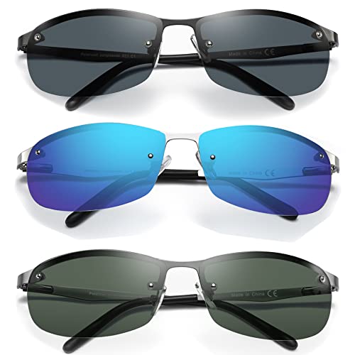 Image of 3 Pack Polarized Sunglasses for Men, Semi-Rimless Frame Driving Fishing Sun glasses UV400 Block Glare /Blue Light
