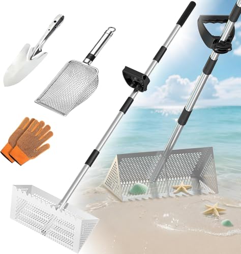 Sand Flea Rake Sand Sifter for The Beach Stainless Steel Shark Tooth Sifter with Detachable 16-Inch-Wide Drainage Mesh and Long Handle for Finding Fleas Shells and Sharks Teeth 55 Inches