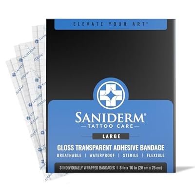 Saniderm Tattoo Aftercare Bandage 3 Sheets Large Pack, 8 in x 10 in Convenient, Faster Tattoo Healing and Protection Sterile, Waterproof, and Latex-Free