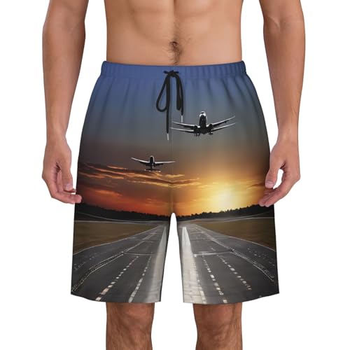Airport Print Men's Beach Pants Lightweight Quick-Dry Swim Pants with Mesh Lining for Men