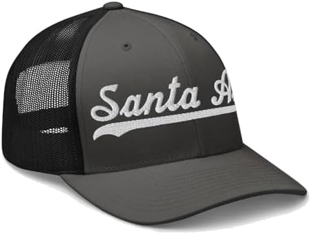 Santa Ana Hat Santa Ana Trucker Hat Baseball Script Embroidered Cap Vintage Sports Mesh Swoosh Gift Souvenir Headwear CA Charcoal/Black