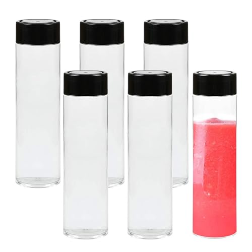 LoNinLoAn 6Pcs Empty Plastic Juice Bottles with Black Lids 350ml Clear Reusable Sensory Smoothie PET Bottless for Homemade Drinks and Milk