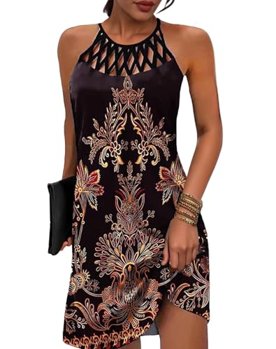SAUKOLE Womens Summer Halter Neck Hollow Out Sleeveless Dress Floral Print Beach Boho Short Mini Sundresses