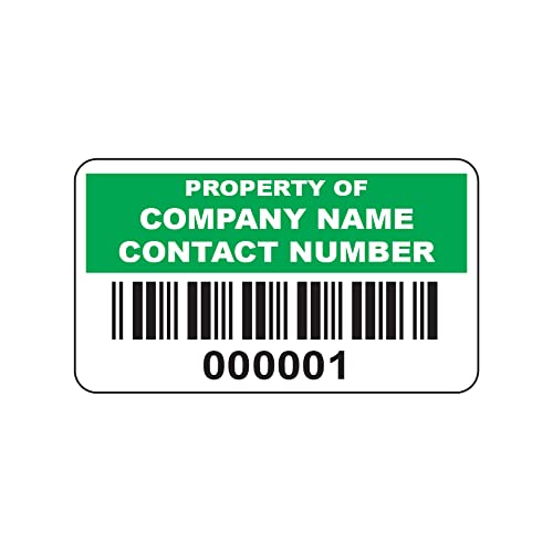 1000 Green Personalised Barcode Asset Tag Labels Custom Stickers- 38mm x 20mm Permanent Vinyl Labels - Simple to Customize