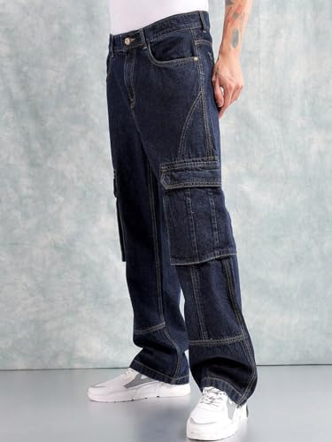 Image of The Indian Garage Co Men Relaxed Fit Solid Mid-Rise Cargo Denim