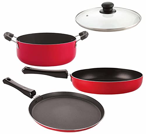Image of Nirlon Non-Stick Odor Free 3 Layer Coating Aluminium Cookware Combo Gift Set 4- Pieces (Flat Tawa|Fry Pan |Casserole|1 Glass Lid)-32mm FT13 FP14 CS16 1GLID