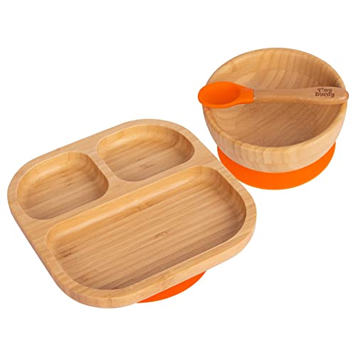 Tiny Dining Ensemble de dîner pour bébé - Segmenté - Orange - 3 pièces - Assiette de sevrage, bol et cuillère en bambou antidérapant divisé pour bébé, bol et cuillère