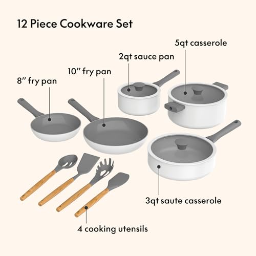 So Yummy by bella 12 Piece Cookware Set w EverGood™ Ceramic Nonstick Coating​ and Silicone & Wood Utensils, Dishwasher Safe Silicone & Glass Lids, Oven Safe & All Stovetop Compatible, Frost, So Yummy image 4