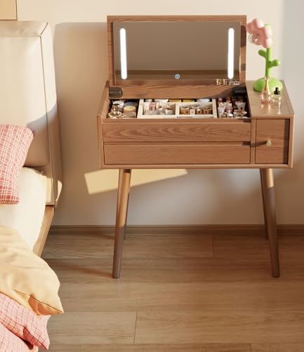 Image of KungFuWood Wood Vanity Desk with Mirror and Lights, Dressing Vanity Table Vanity Set 3 Drawers, 32 Inch Large Make Up Vanity Table Wooden with 3 Lighting Modes (W32 inch walunt Wood)