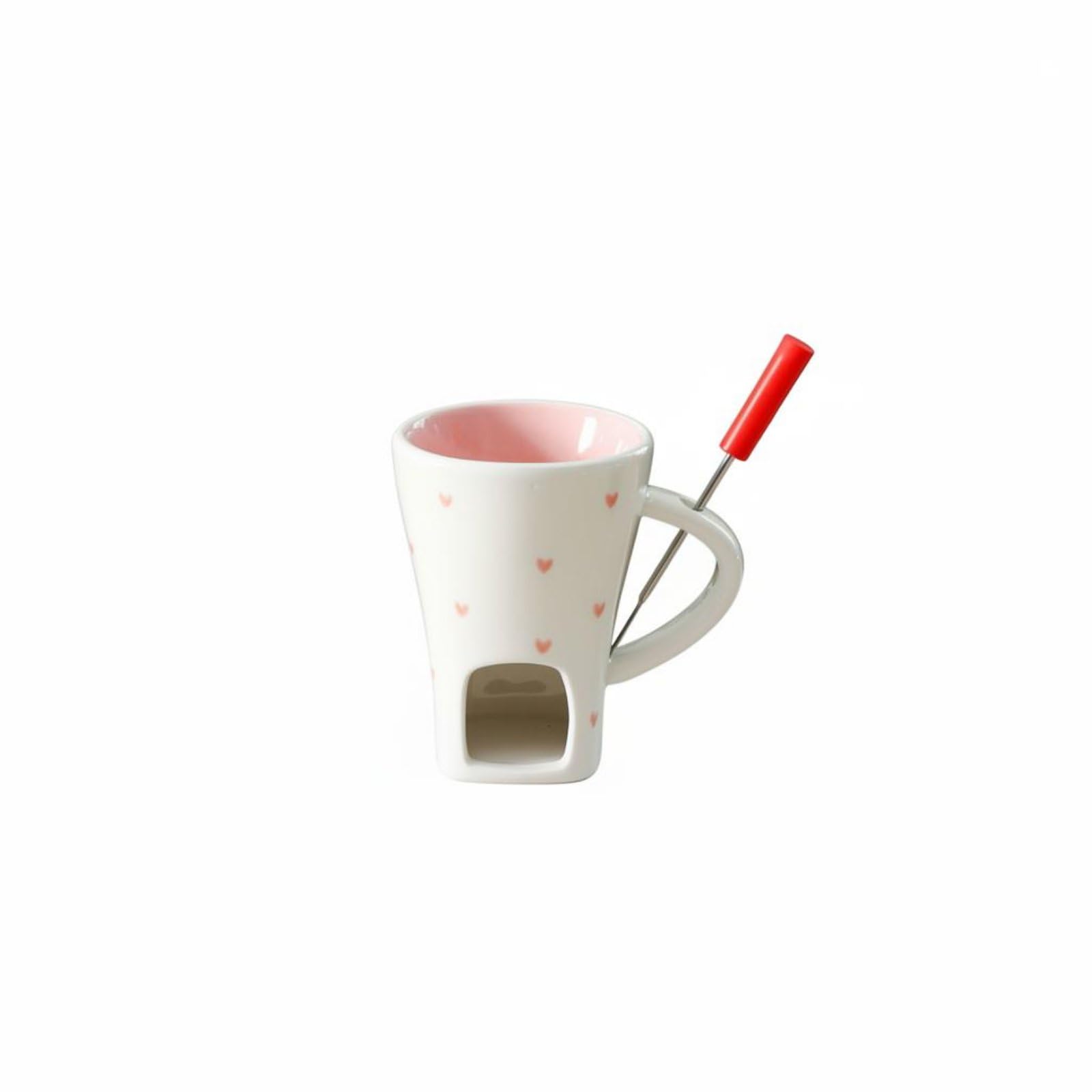 Includes Dipping Fork Personal Fondue Mug Heart Pattern Ceramic Chocolate Melter Tea Light Fondue Set for Couples, Dessert Time, Parties, Date Night, Pink Heart-image-5