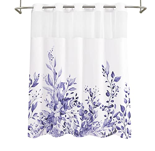 Tititex No Hooks Snap in Liner Very Peri Purple Eucalyptus Leaves Shower Curtain Sets, Hotel Luxury Double Layers Waterproof Fabric & See-Through Top Window Bathroom Decorative 72x72 Inch - Thumbnail 4