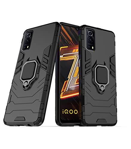 Image of Pikkme Polycarbonate Iqoo Z3 5G Back Cover D5 Tough Armor Bumper 360 Protection Case Ring Holder Stand Case for Iqoo Z3 5G (Black)