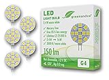 5x greenandco® LED Lampe ersetzt 25 Watt G4 Halogenlampe, 2,4W 250 Lumen 3000K warmweiß 12 x 5050 SMD LED 120° 12V DC, nicht dimmbar, 2 Jahre Garantie