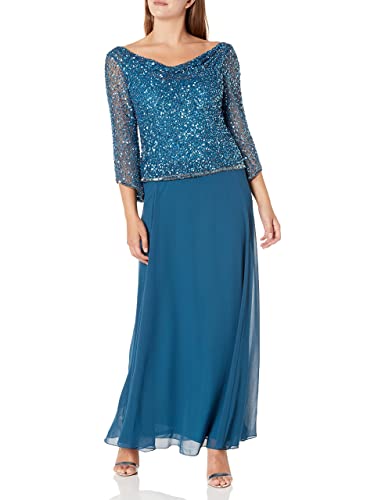 J Kara Women's Long Beaded Dress With Cowl Neck, Teal/Mercury, 14 #TOP17