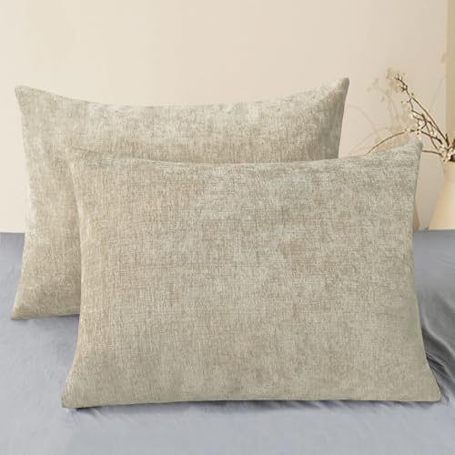 Image of CaliTime Pack of 2 Cozy Standard Pillow Shams Cases for Bed Bedding Decoration Solid Dyed Soft Chenille 20 X 26 Inches Light Taupe