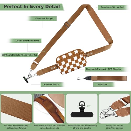 Image of YFWE Clip and Go Strap for Phone with Wallet Crossbody, Adjustable Phone Lanyard with Detachable RFID Wristlet Wallet, Phone Strap with Phone Tabs for All Phones, Bronze Checkered (M)