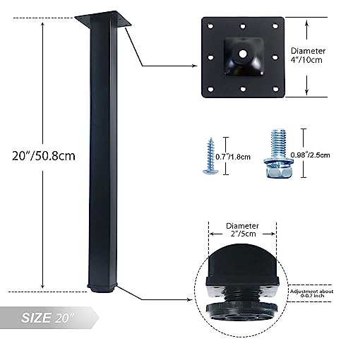 Qlly 20 Inch Adjustable Metal Furniture Legs, Square Office Table Furniture Leg, Set Of 4 (Black) #TOP1