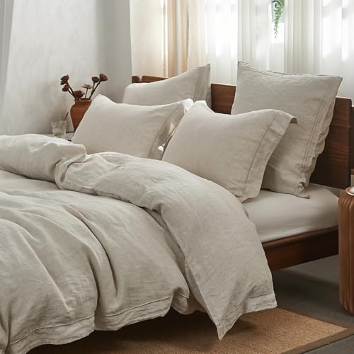Simple&Opulence 100% Washed Linen Duvet Cover Set with Embroidered,3 Pieces Soft Farmhouse Comforter...