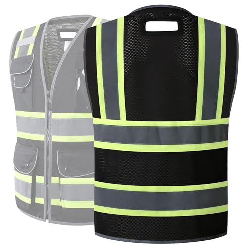 Image of JKSafety 11 Pockets Hi-Vis Black Mesh Safety Vest for Men Women High Visibility Reflective Construction with Zipper Work Utility PPE Work Gear ANSI /ISEA compliant (102-Black 4XL)