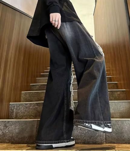 chouyatou Men's Y2k Ripped Wide Leg Jeans High Waist Baggy Street Denim Pants with Pockets3