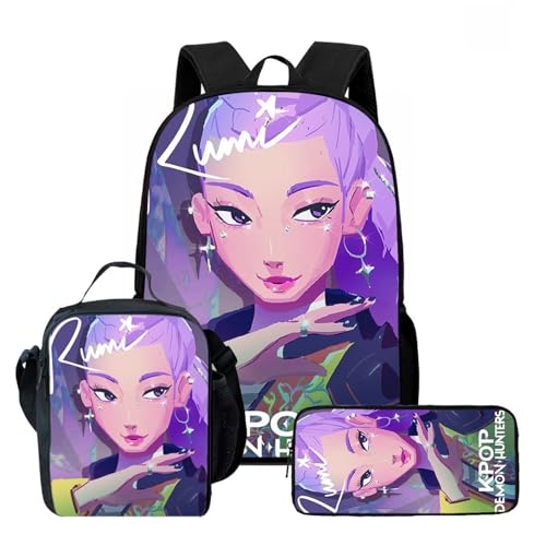 Generisch K POP Hunters Schulset – 3-teiliges Set mit Rucksack, Anime Schulrucksack Jungen & Mädchen, Umhängetasche & Federmäppchen,K-Pop Huntrix Gaming & Unisex Tasche für Schule & Reisen