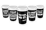 Premium 16oz Disposable Coffee Cups With Lids (50ct) - 5 Fun Quotes in Each Pack - Make Your Own Coffee or Tea With These Paper Coffee Cups - Insulated Double Wall - No Need For Sleeves