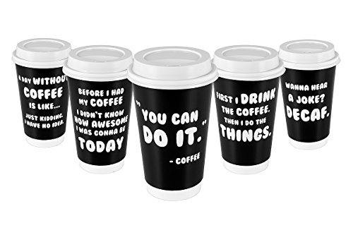 Premium 16oz Disposable Coffee Cups With Lids (50ct) - 5 Fun Quotes in Each Pack - Make Your Own Coffee or Tea With These Paper Coffee Cups - Insulated Double Wall - No Need For Sleeves