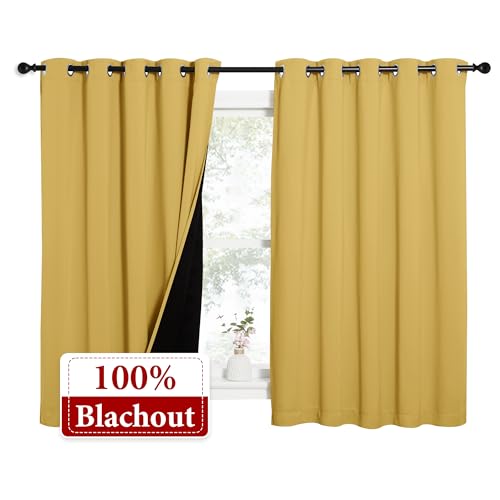Image of NICETOWN 100% Blackout Curtains with Black Liners, Thermal Insulated Full Blackout 2-Layer Lined Drapes, Energy Efficiency Window Drapes for Bedroom (Bright Yellow, 2 Panels, 62-inch W by 63-inch L)