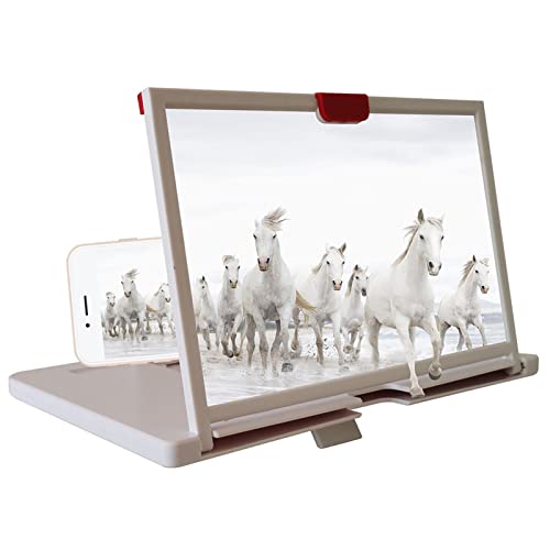 Screen Magnifier Amplifier, 12'' Mobile Phone 3D HD Magnifying Projector with Foldable Stand Holder, Phone Screen Magnifier for Movies Videos Gaming, Compatible with All Phones(White)