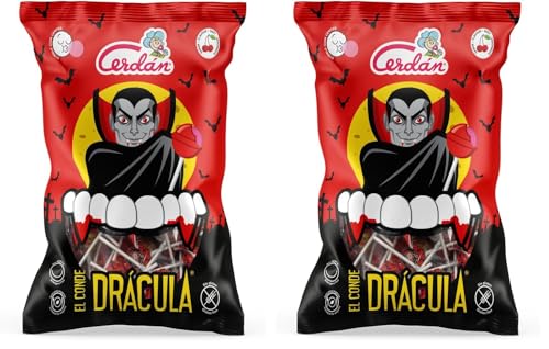 Caramelos Cerdán - Caramelo con Palo Gigante El Conde Drácula Sabor Cereza | Caramelo Duro Relleno de Chicle Sin Gluten ni Alérgenos | Ideal para Halloween, Fiestas y Cumpleaños | Bolsa de 50 Unidades
