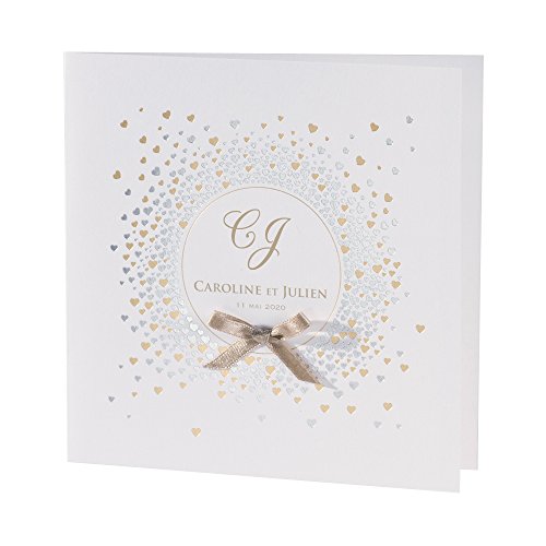 Lot de 10 invitations de mariage « Maggie » - Cartes d'invitation pour mariage avec cœurs dorés et argentés - Avec enveloppe Cover