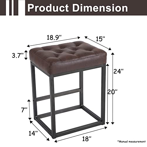 Counter Height Bar Stools Set Of 2 Industrial Stools Geometric Upholstered Barstools, 24 Inch Mid Century Barstool Backless Leather Stool Chair With Footrest For Kitchen Island Dining Room, Brown #TOP3