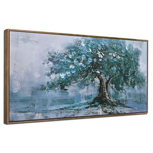 Ardemy Framed Tree Canvas Wall Art for Living Room Large, Teal Tree of Life Picture Wall Decor Landscape Bedroom Nature Painting Artwork Home Office Dining Room Kitchen 40"x20" 40"L x 20"W T