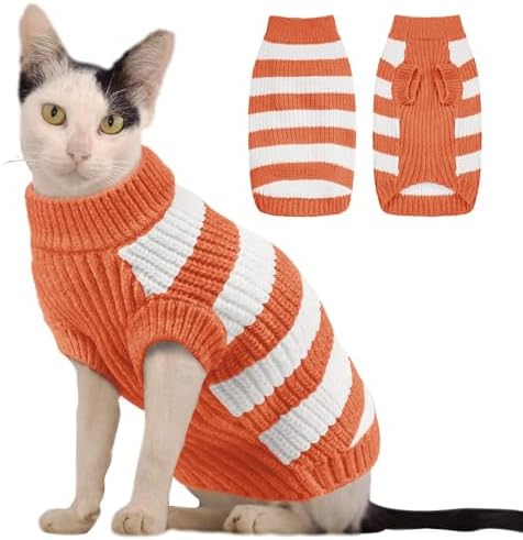ALAGIRLS Small Dog Sweater Cat Clothes, Turtleneck Doggy Pullover Chenille Sweater Cold Weather Dog Clothes, Striped Knitted Pet Clothes for Chihuahua, Bulldog, Dachshund, Pug, Yorkie, Orange S