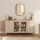 WAMPAT Sideboard Buffet Cabinets with Glass Door, Kitchen Storage Cabinets, Wood Coffee Bar Tables, Accent Sideboard Storage Cabinet Table Dining Room, Living Room,Beige