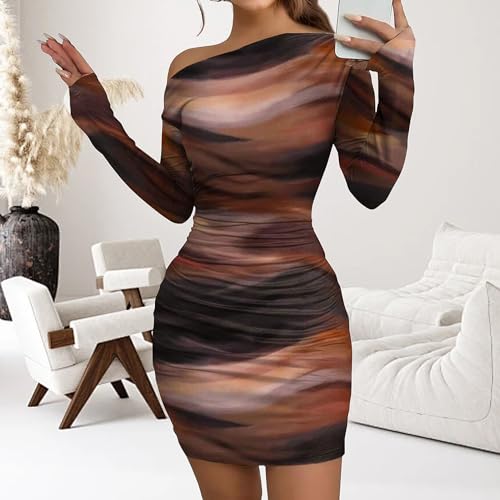 Image of Women's Long Sleeve Bodycon Mini Dress Tie Dye Print Slim Fit Asymmetrical Neck Elegant Formal Ruched Short Dresses