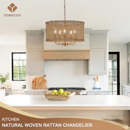 Image of 19.7 inch Gold Rattan Chandelier, 5-Light Boho Wicker Light Fixture | Hand-Woven Rattan Pendant Light; Adjustable Chain; Farmhouse Basket Drum Chandeliers for Dining Room, Kitchen Island, Bedroom