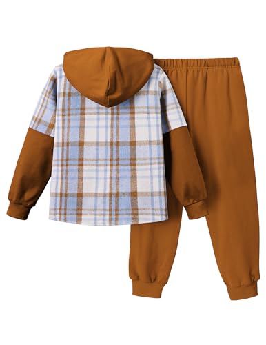 Image of 2Pcs Boys Clothes Sweatsuit Set Hoodie Flannel Plaid Shirt and Jogger Pants for Kids Fall Winter Spring Outfits
