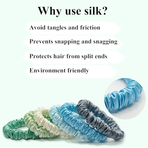 Image of VLOMOT 6 Pcs Set 100% Pure Mulberry Silk Scrunchies Hair Ties with 6 Chic Colors Everyday Skinny Scrunchies Silk Ponytail Holders Hair Care No Damage (Mint)
