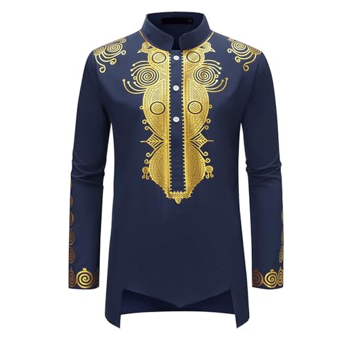 Hombres Manga Larga Retro Larga Musulmana Casual Moda Estampado en Caliente Hombres Algodón Kurta Casual Camisa Larga Vestido Fiesta Arte Seda Bordada Camisa Larga Vestido Indio, H Marine, XL