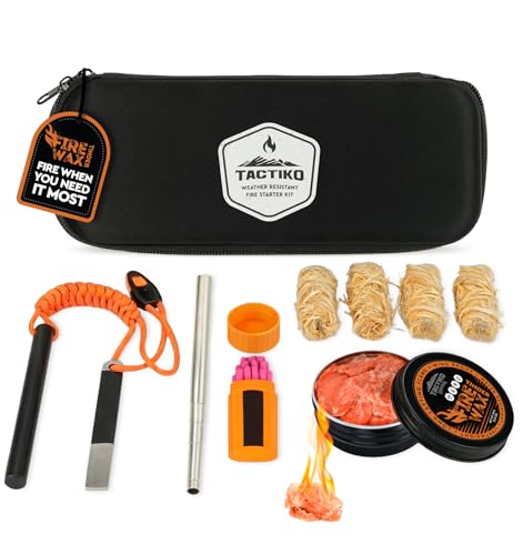 Tactiko 6-in-1 All-Weather Survival Fire Starter Kit - Complete Emergency Set with Ferro Rod, Striker, Fire Wax, 4 Waxed Wood Starters, Waterproof Matches, Collapsible Blower & Zippered Case