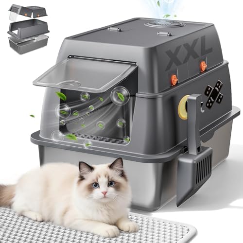 GTPLAYER XXL Stainless Steel Cat Litter Box with Lid, High Sided ...