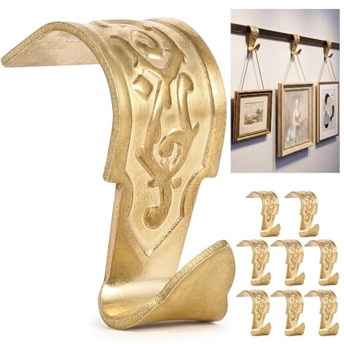 Moxweyeni 8 Pcs Thicken Picture Rail Hooks Heavy Duty Solid Brass Vintage Retro Molding Hooks Polished Lacquered Finish Picture Rail Hangers for Gallery Artwork Photos Display Hanging System (Brass)