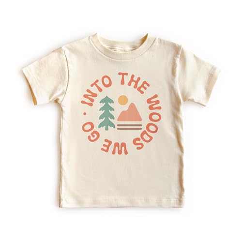 Boho Kids Camping Shirt - Into The Woods We Go - Cute Abstract Minimalist Trendy Outdoor Mountain Adventure Outfit - Natural Toddler & Youth Tees
