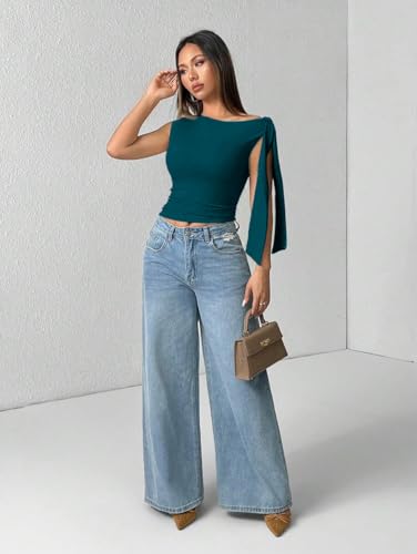 Image of TIVANTE Solid Asymmetrical Shoulder Tie Strap Crop Top for Women