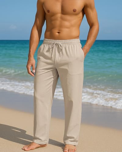 BUXKR Men's Linen Pants Beach Casual Cotton Summer Lightweight Elastic Waist Drawstring with Deep Pockets4